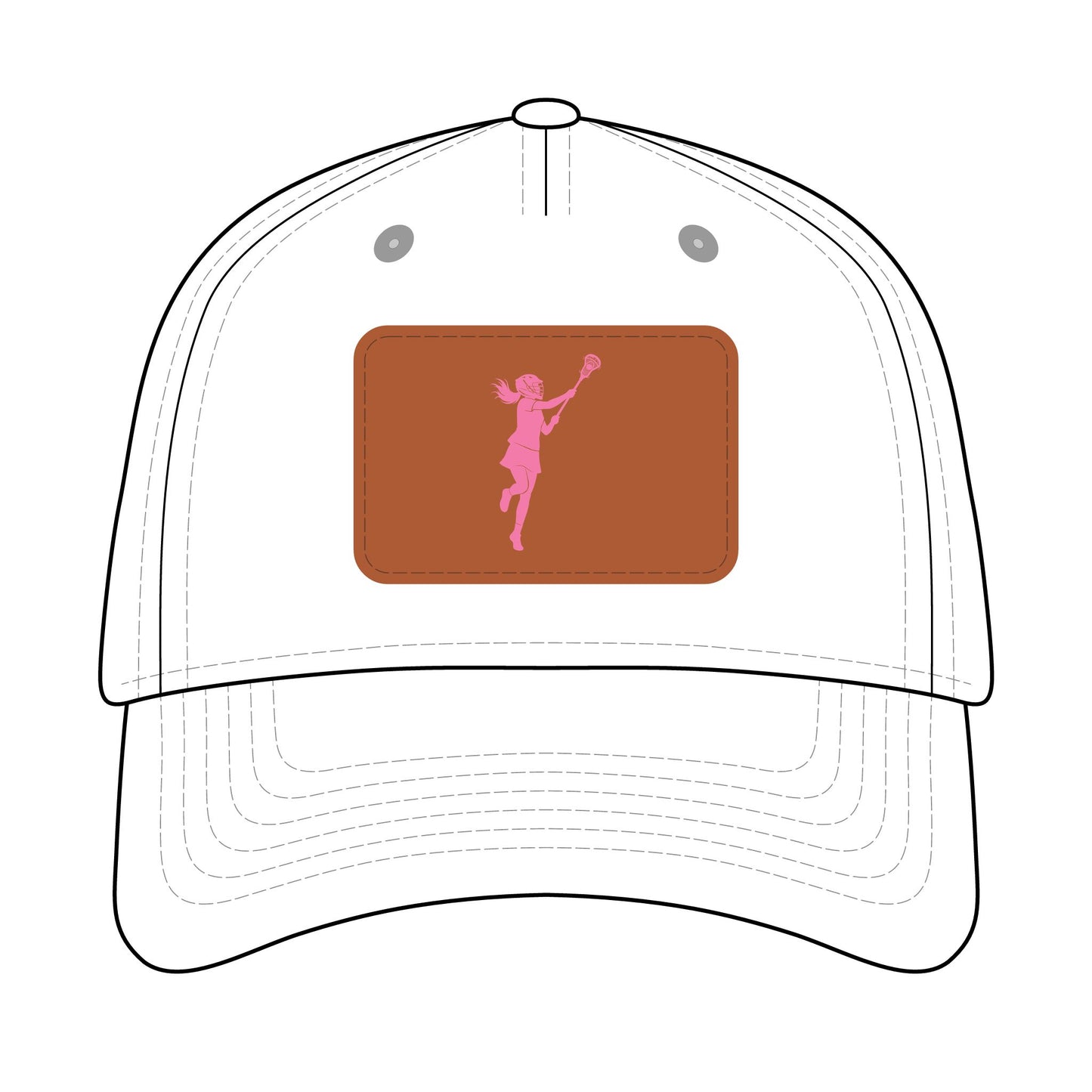 Lacrosse Chick Baseball Cap with Leather Patch (pink on white)