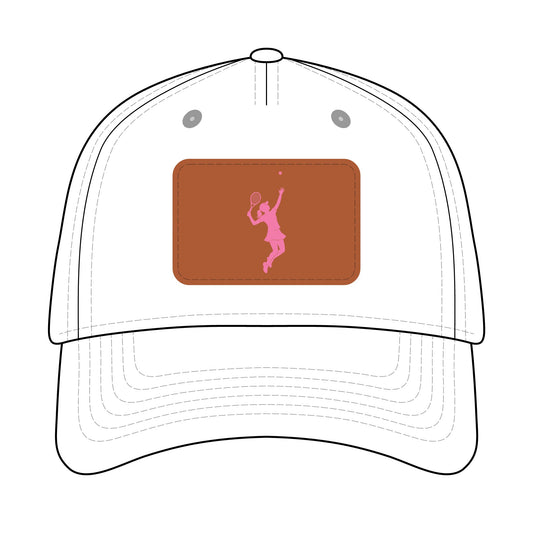 Tennis Chick  Baseball Cap with Leather Patch (pink on white)