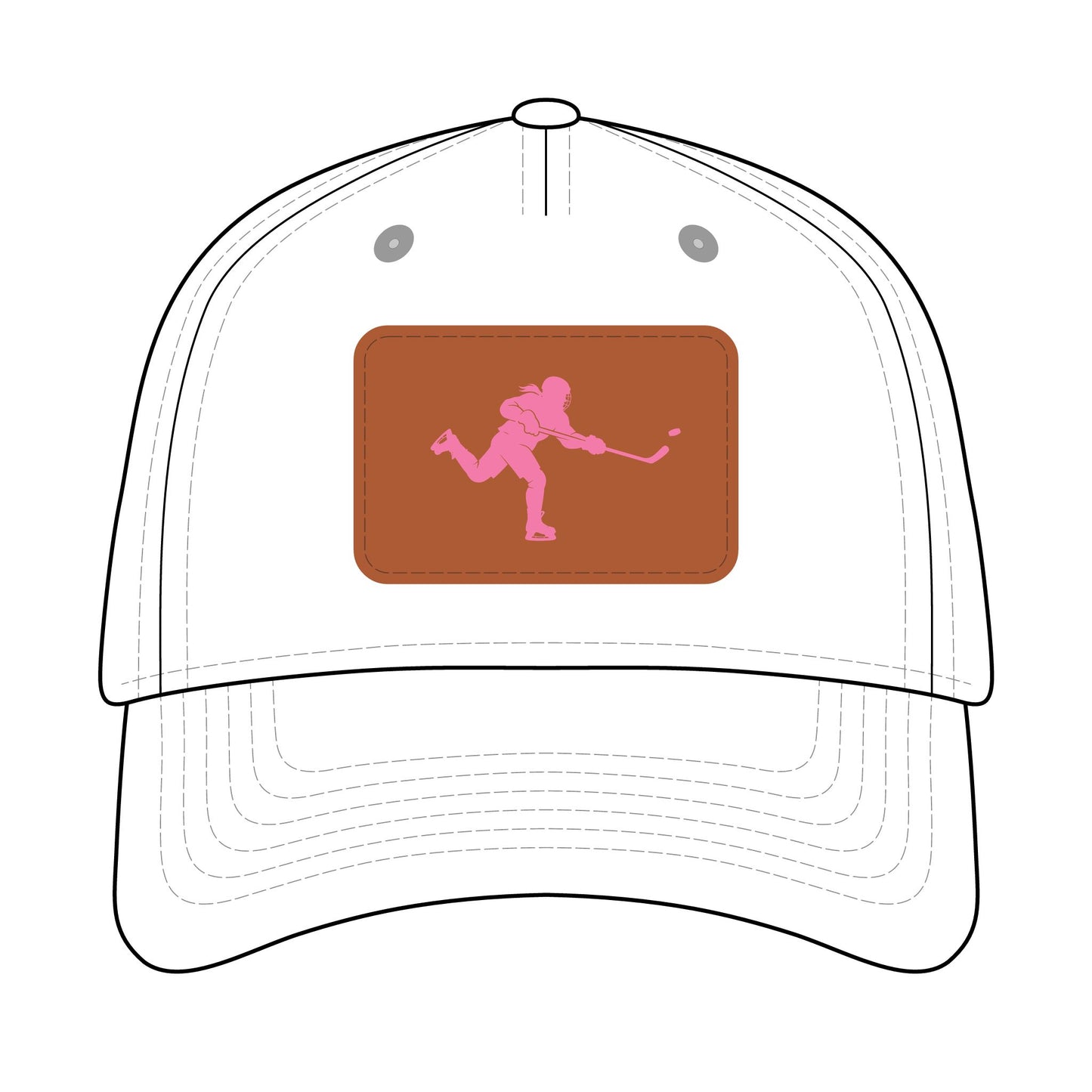 Hockey Chick  Baseball Cap with Leather Patch (pink on white)