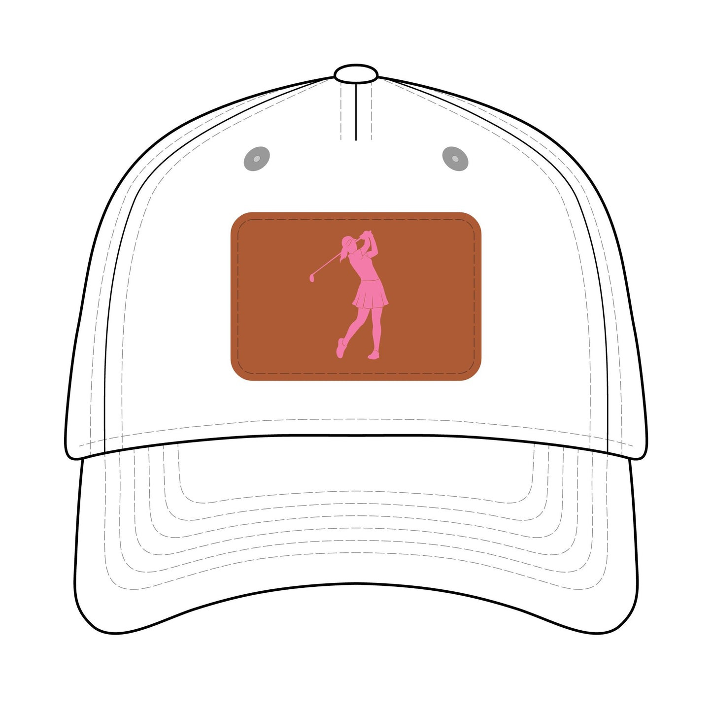 Golf Chick  Baseball Cap with Leather Patch (pink on white)
