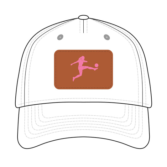 Soccer Chick  Baseball Cap with Leather Patch (pink on white)