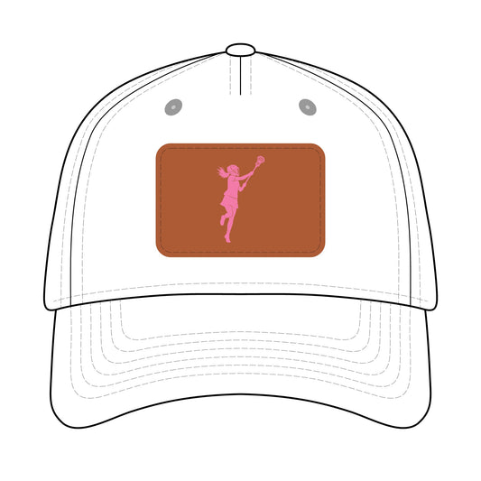 Lacrosse Chick  Baseball Cap with Leather Patch (pink on white)